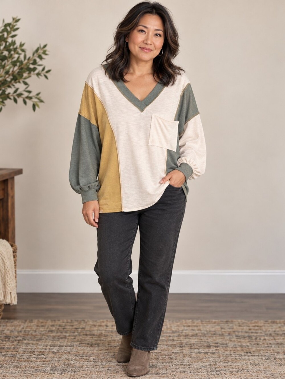 BiBi Colorblock V-Neck Pocket Balloon Sleeve Top A366